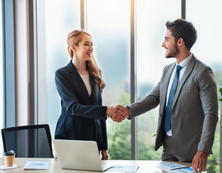 Homme et femme en tenue professionnelle se serrant la main dans un bureau moderne, reflétant une ambiance positive et professionnelle.